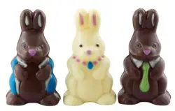 three decorated Easter bunnies from chocolate candy molds